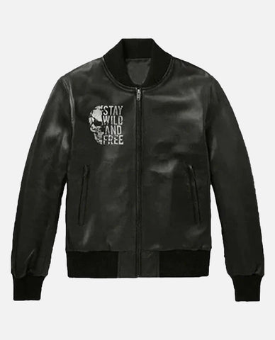 Halloween Special Stay Wild and Free Black Bomber Leather Jacket