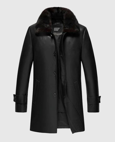 Men's Premium Black Leather Coat With Shearling Collar