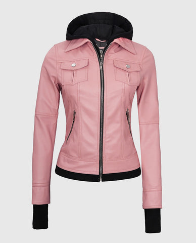 Women's Pink Bomber Leather Jacket with Hood