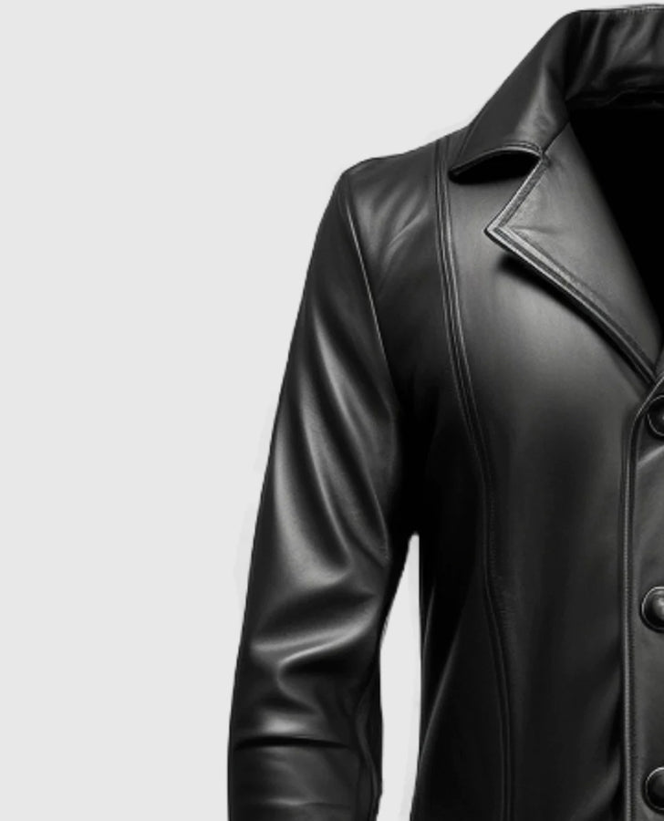 Men's Black Leather Long Coat