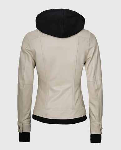 Women's Beige Bomber Leather Jacket with Hood