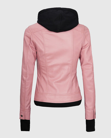 Women's Pink Bomber Leather Jacket with Hood