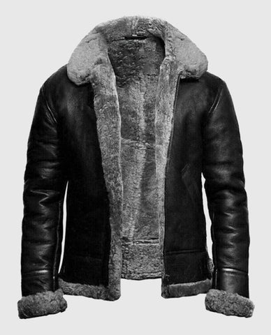 FUR Aviator Flying Pilot Bomber Black Jacket