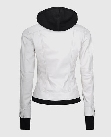 Women's White Bomber Leather Jacket with Hood