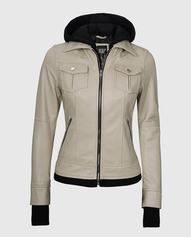 Women's Beige Bomber Leather Jacket with Hood