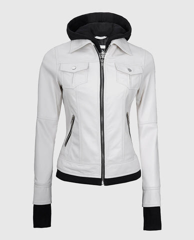 Women's White Bomber Leather Jacket with Hood