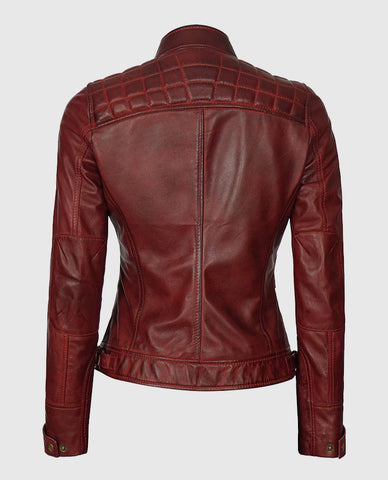 Johnson Women's Maroon Quilted Cafe Racer Leather Jacket