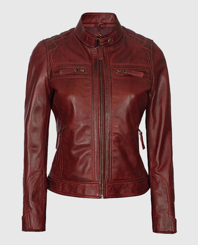 Johnson Women's Maroon Quilted Cafe Racer Leather Jacket