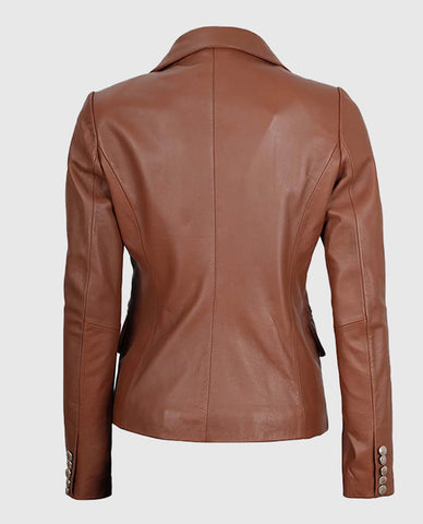 Kinley Women's Double Breasted Brown Leather Blazer Jacket