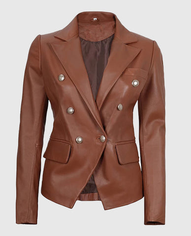 Kinley Women's Double Breasted Brown Leather Blazer Jacket