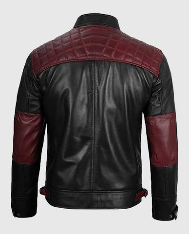 Men's Quilted Cafe Racer Black and Maroon Leather Jacket