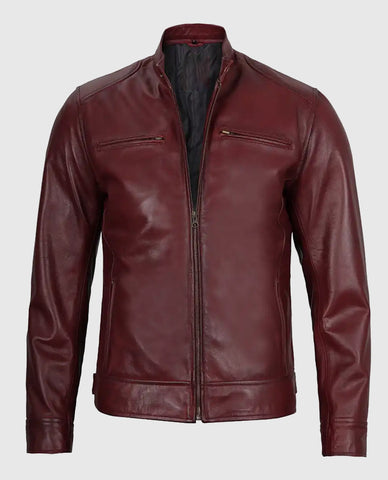 Men's Maroon Cafe Racer Leather Jacket