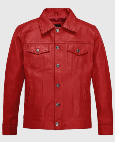 Men's Red Leather Trucker Jacket