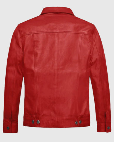 Men's Red Leather Trucker Jacket