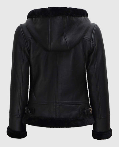 Women's Black Shearling Bomber Leather Jacket with Hood