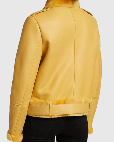 Women's Yellow Shearling Trimmed Leather Moto Jacket