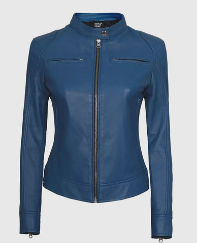Women's Blue Cafe Racer Leather Jacket