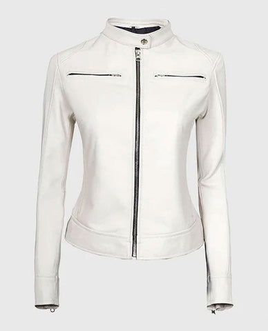 Women's White Leather Cafe Racer Jacket
