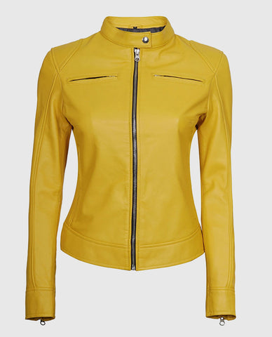 Women's Yellow Cafe Racer Leather Jacket
